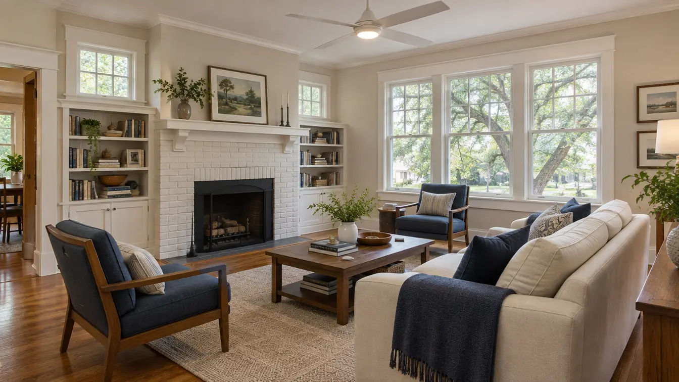 Charlotte craftsman living room with a modern white ceiling fan, hardwood floors and a painted brick fireplace