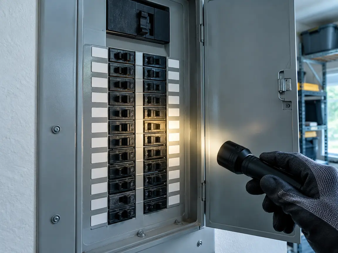 Checking a residential breaker panel with a flashlight